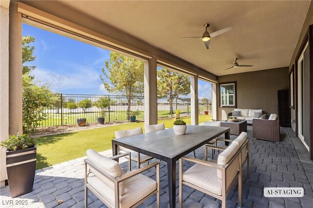 4829 E Beacon Ridge Dr, Pahrump, NV 89061 - view of patio / terrace featuring an outdoor hangout area, outdoor dining space, and ceiling fan