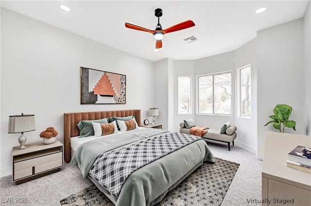 2353 Lauren Dr, Las Vegas, NV 89134 - bedroom with light carpet, recessed lighting, and a ceiling fan