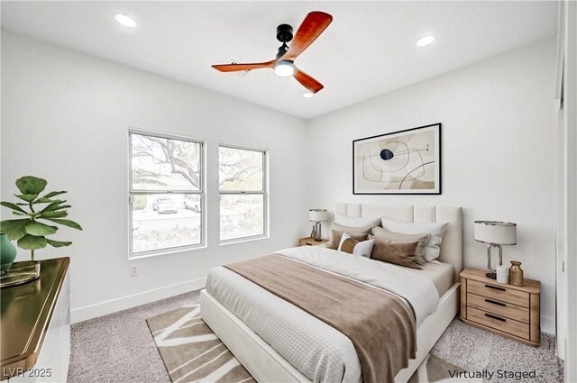 2353 Lauren Dr, Las Vegas, NV 89134 - bedroom featuring light colored carpet, recessed lighting, and ceiling fan