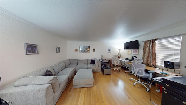 4998 Schumann Dr, Las Vegas, NV 89146 - living room with ornamental molding, light wood-style flooring, and an office area