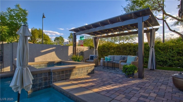 1869 Bronze Patina St, Henderson, NV 89044 - fenced backyard featuring an outdoor hot tub, a pergola, an outdoor hangout area, and a patio