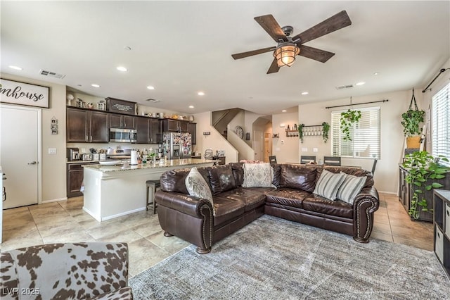 4212 Juanita May Ave, North Las Vegas, NV 89032 - living area featuring recessed lighting, ceiling fan, and light tile patterned floors