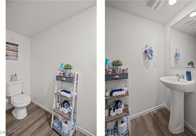 9929 Bumblebee Hills St, Las Vegas, NV 89141 - half bathroom featuring wood finished floors, toilet, baseboards, and a sink