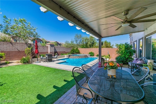 10420 Loma Portal Ave, Las Vegas, NV 89166 - view of pool with a ceiling fan, a patio area, and a pool with connected hot tub