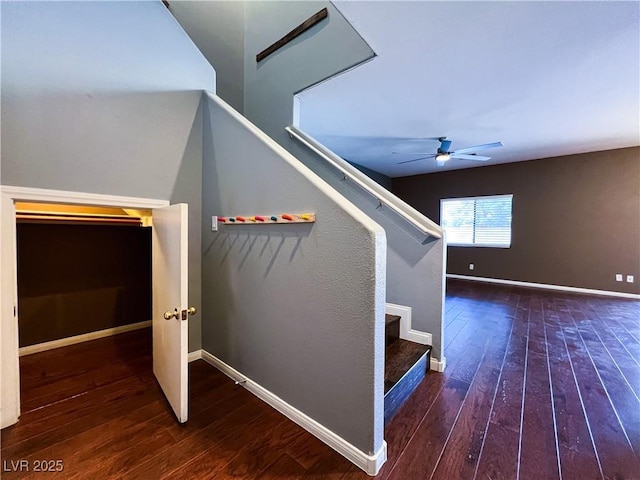 3412 Catherine Mermet Ave, North Las Vegas, NV 89081 - stairs with hardwood / wood-style floors, a ceiling fan, and baseboards