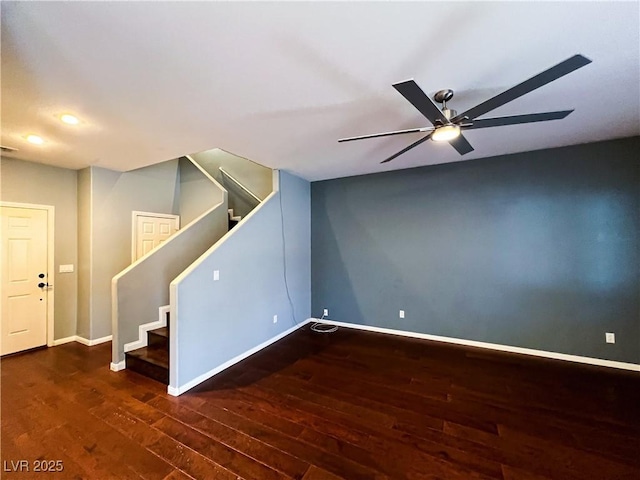 3412 Catherine Mermet Ave, North Las Vegas, NV 89081 - unfurnished room with wood-type flooring, a ceiling fan, baseboards, stairway, and recessed lighting