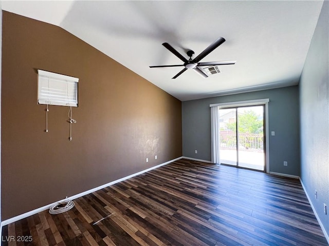 3412 Catherine Mermet Ave, North Las Vegas, NV 89081 - unfurnished room with vaulted ceiling, ceiling fan, dark wood-style floors, and baseboards