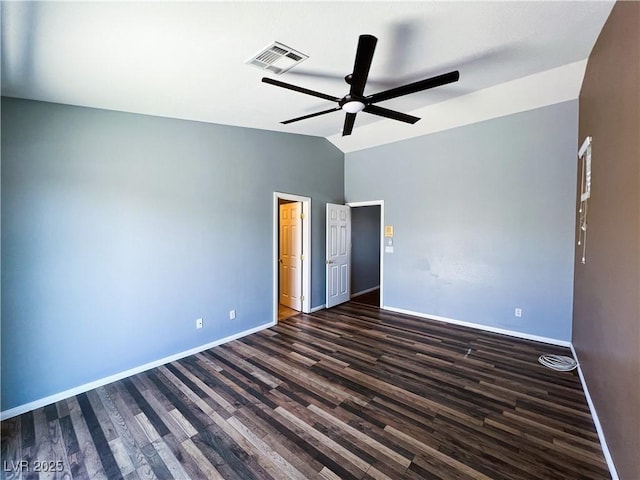 3412 Catherine Mermet Ave, North Las Vegas, NV 89081 - unfurnished bedroom featuring vaulted ceiling, dark wood finished floors, baseboards, and a ceiling fan