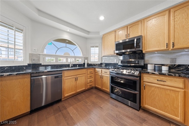 8780 Autumn Wreath Ave, Las Vegas, NV 89129 - kitchen featuring appliances with stainless steel finishes, a sink, dark wood-style floors, backsplash, and recessed lighting