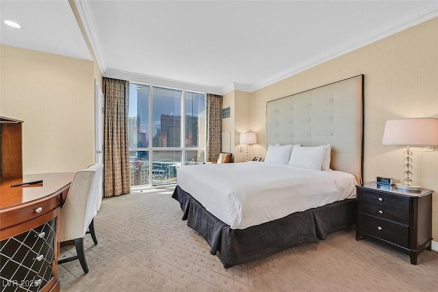135 E Harmon Ave Unit 1401, Las Vegas, NV 89109 - bedroom featuring a wall of windows, crown molding, and light carpet