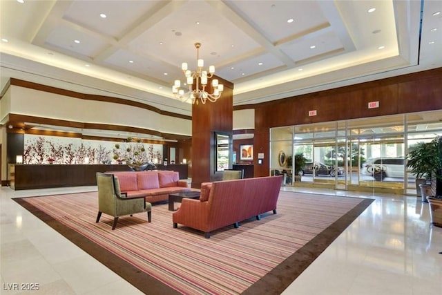 135 E Harmon Ave Unit 1401, Las Vegas, NV 89109 - building lobby featuring a high ceiling, coffered ceiling, and beamed ceiling