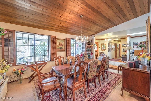 2045 S Tenaya Way, Las Vegas, NV 89117 - dining space with carpet, a chandelier, vaulted ceiling, and wooden ceiling