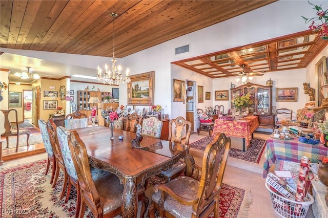 2045 S Tenaya Way, Las Vegas, NV 89117 - dining space featuring a chandelier, carpet floors, ornamental molding, wooden ceiling, and a ceiling fan