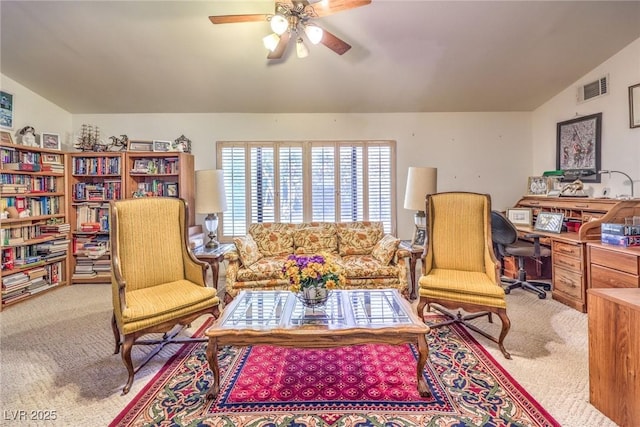 2045 S Tenaya Way, Las Vegas, NV 89117 - living area featuring light carpet, a ceiling fan, a desk, and lofted ceiling