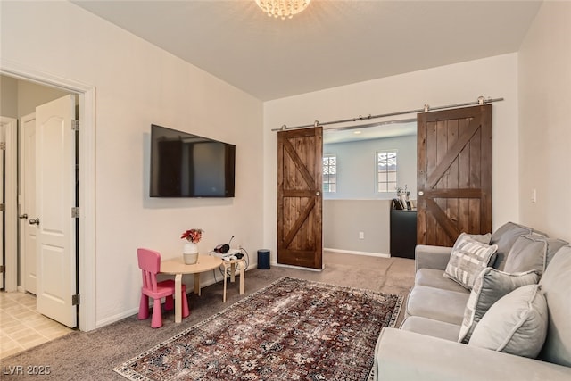 7761 Sagamore Bay Ct, Las Vegas, NV 89179 - living area featuring a barn door, carpet flooring, and baseboards