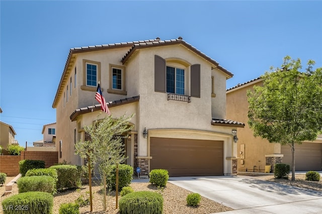 7761 Sagamore Bay Ct, Las Vegas, NV 89179 - mediterranean / spanish-style home with an attached garage, a tile roof, driveway, and stucco siding