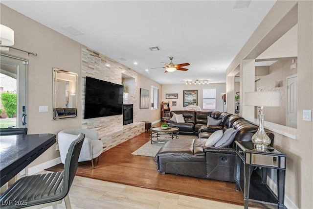 1780 Crystal Stream Ave, Henderson, NV 89012 - living area with a ceiling fan, wood finished floors, and recessed lighting