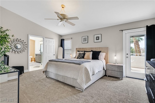 1780 Crystal Stream Ave, Henderson, NV 89012 - bedroom featuring access to outside, carpet floors, vaulted ceiling, ensuite bath, and ceiling fan