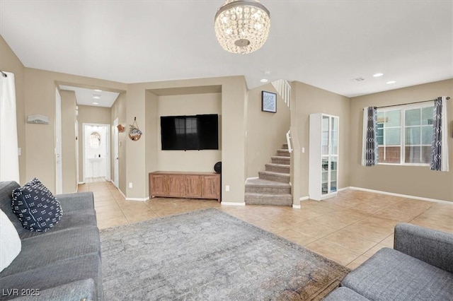 9869 Lime Tree St, Las Vegas, NV 89178 - living room featuring tile patterned flooring, stairs, a chandelier, baseboards, and recessed lighting