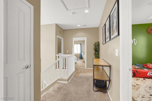 9869 Lime Tree St, Las Vegas, NV 89178 - hallway featuring an upstairs landing, carpet floors, and recessed lighting
