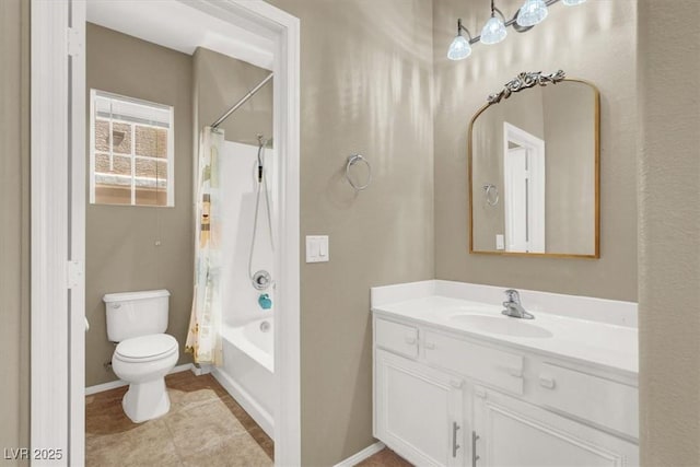9869 Lime Tree St, Las Vegas, NV 89178 - bathroom featuring vanity, toilet, shower / bath combination with curtain, and baseboards
