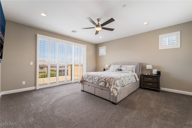 2575 Hazelburn Ave, Henderson, NV 89044 - bedroom featuring access to exterior, multiple windows, dark carpet, and recessed lighting