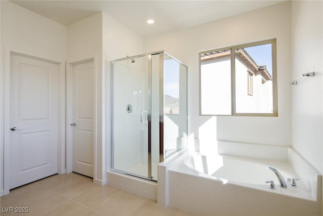 89 Via Franello, Henderson, NV 89011 - bathroom featuring a shower stall, a bath, tile patterned floors, and recessed lighting