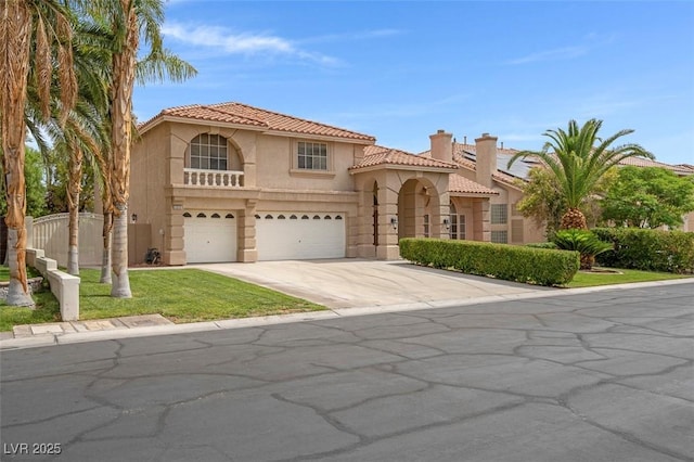 1312 Fragrant Spruce Ave, Las Vegas, NV 89123 - mediterranean / spanish-style house with stucco siding, a tiled roof, concrete driveway, a garage, and a chimney