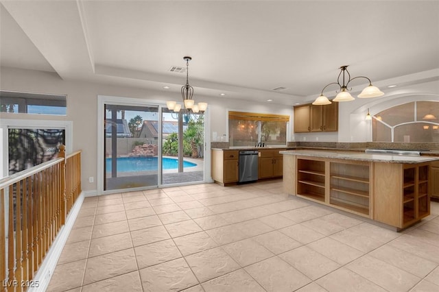 1312 Fragrant Spruce Ave, Las Vegas, NV 89123 - kitchen featuring open shelves, appliances with stainless steel finishes, a chandelier, light tile patterned flooring, and recessed lighting