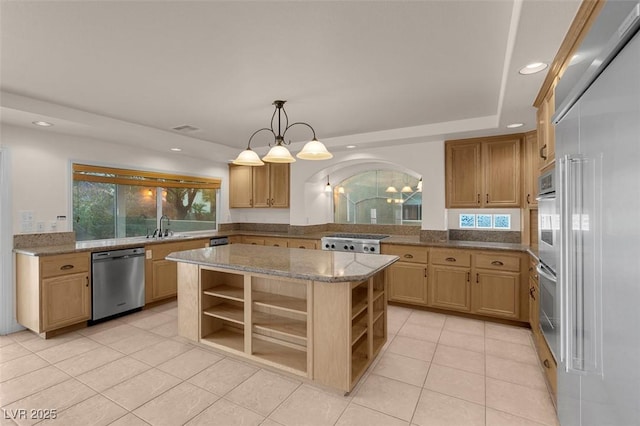 1312 Fragrant Spruce Ave, Las Vegas, NV 89123 - kitchen with appliances with stainless steel finishes, open shelves, recessed lighting, light tile patterned floors, and light stone counters
