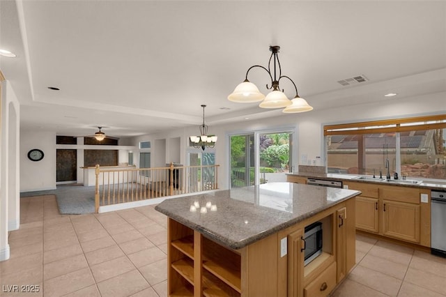 1312 Fragrant Spruce Ave, Las Vegas, NV 89123 - kitchen featuring a sink, light tile patterned floors, a center island, open shelves, and recessed lighting