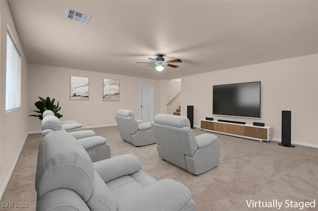 1312 Fragrant Spruce Ave, Las Vegas, NV 89123 - living room featuring carpet floors, baseboards, ceiling fan, stairs, and healthy amount of natural light