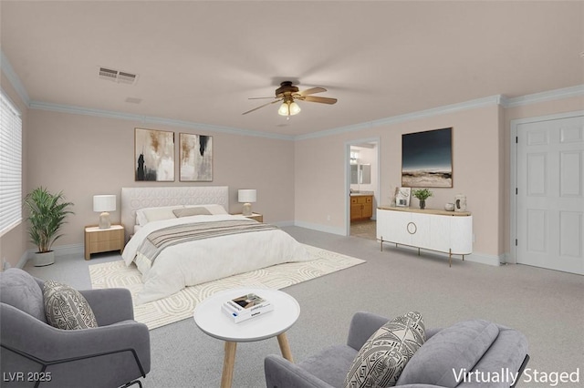 1312 Fragrant Spruce Ave, Las Vegas, NV 89123 - bedroom featuring baseboards, carpet, ornamental molding, connected bathroom, and ceiling fan