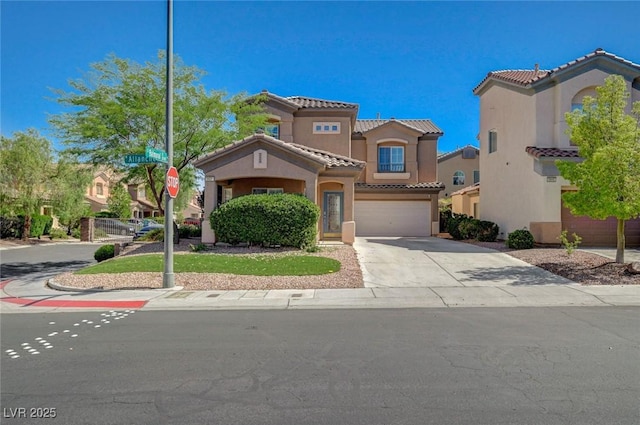 5931 Allanche Ave, Las Vegas, NV 89141 - view of front of home featuring a tiled roof, a garage, stucco siding, and driveway