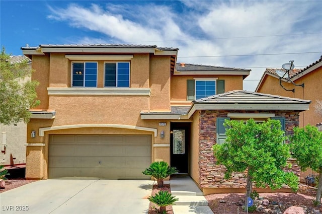7372 S Palo Real Ct, Las Vegas, NV 89179 - view of front of home featuring stucco siding, a garage, driveway, and stone siding
