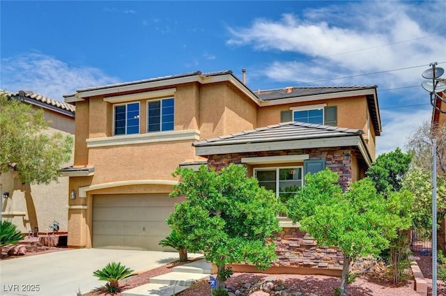 7372 S Palo Real Ct, Las Vegas, NV 89179 - view of front of house featuring stucco siding, a garage, driveway, and a tiled roof