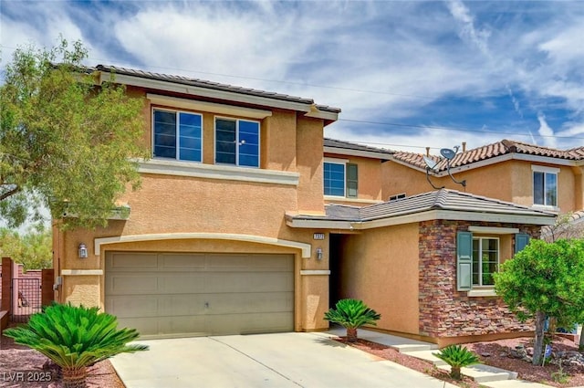 7372 S Palo Real Ct, Las Vegas, NV 89179 - view of front facade featuring an attached garage, stucco siding, concrete driveway, and stone siding