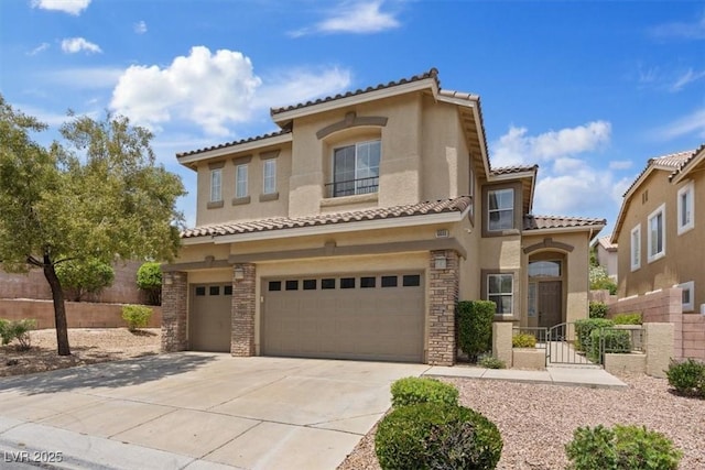10680 Sapphire Vista Ave, Las Vegas, NV 89144 - mediterranean / spanish-style house featuring an attached garage, stucco siding, a tiled roof, and concrete driveway