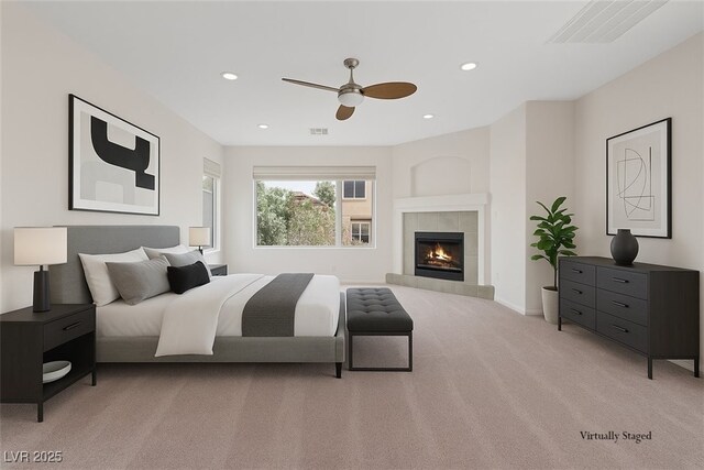 10680 Sapphire Vista Ave, Las Vegas, NV 89144 - bedroom featuring light carpet, recessed lighting, a fireplace, a ceiling fan, and baseboards