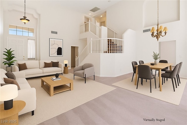 10680 Sapphire Vista Ave, Las Vegas, NV 89144 - living area with a towering ceiling, a chandelier, stairway, carpet floors, and baseboards