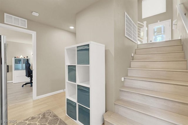 8060 Haywood Estate Ave, Las Vegas, NV 89113 - stairs with wood finished floors, baseboards, and recessed lighting