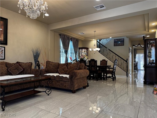 6454 Mount Palomar Ave, Las Vegas, NV 89139 - living room featuring a chandelier, light marble finish flooring, stairs, and baseboards