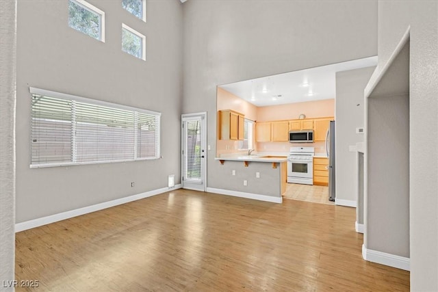 927 Clear Diamond Ave, Las Vegas, NV 89123 - unfurnished living room featuring light wood finished floors, baseboards, a towering ceiling, and a sink