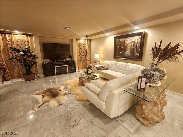 6729 Flamenco Ct, Las Vegas, NV 89139 - living room with marble look tiles, recessed lighting, and baseboards