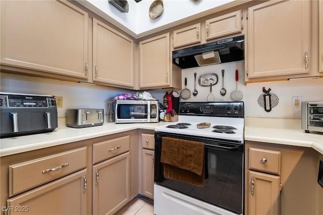 1575 W Warm Springs Rd Unit 2822, Henderson, NV 89014 - kitchen with electric range, under cabinet range hood, stainless steel microwave, and light countertops