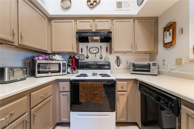 1575 W Warm Springs Rd Unit 2822, Henderson, NV 89014 - kitchen with ventilation hood, electric stove, dishwasher, stainless steel microwave, and light countertops