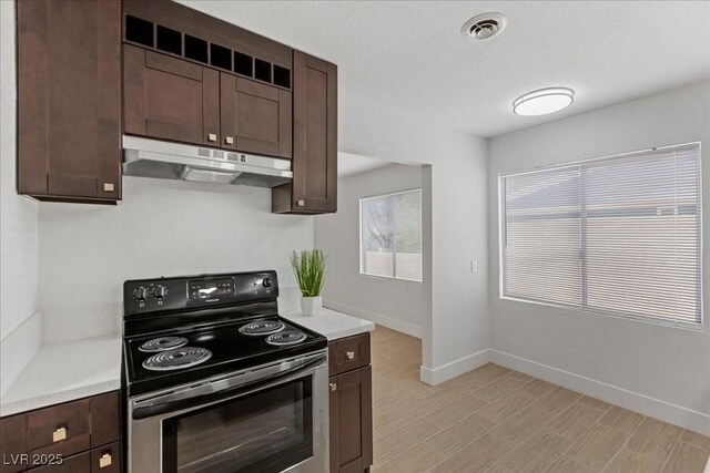 2408 Berkley Ave, Las Vegas, NV 89101 - kitchen with under cabinet range hood, stainless steel electric range, dark brown cabinetry, and light countertops