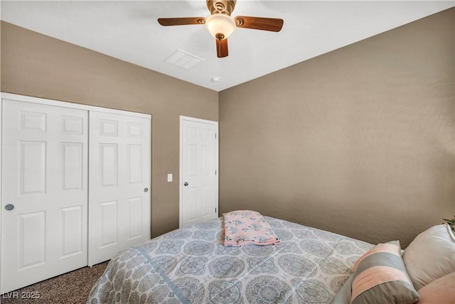 7029 Bocaire Dr, Las Vegas, NV 89131 - bedroom with dark carpet, a ceiling fan, and a closet