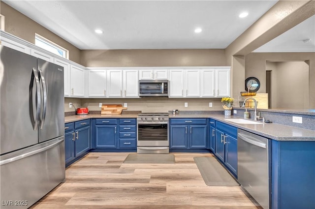 7029 Bocaire Dr, Las Vegas, NV 89131 - kitchen featuring appliances with stainless steel finishes, blue cabinetry, a sink, white cabinetry, and recessed lighting