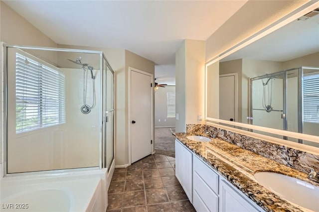 7382 Elbridge Way, Las Vegas, NV 89113 - full bath featuring a shower stall, double vanity, a garden tub, and tile patterned flooring